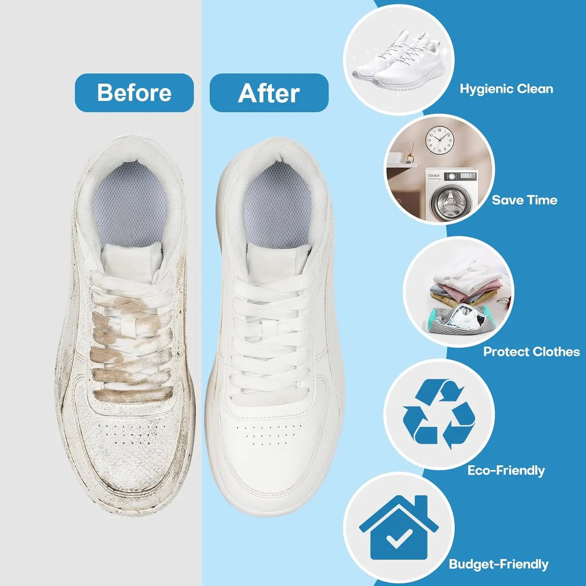 Before and after comparison of reusable shoe cleaning bags used for washing clothes.