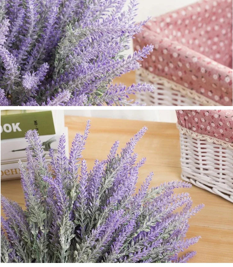 A close-up of artificial lavender flowers in purple and gray arranged in a woven basket.