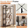 A sturdy metal frame bookshelf with multiple shelves and a decorative plant on a light wood background.