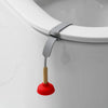 A portable toilet lid lifter with a gray handle and a red rubber plunger is shown against a white ceramic toilet bowl.