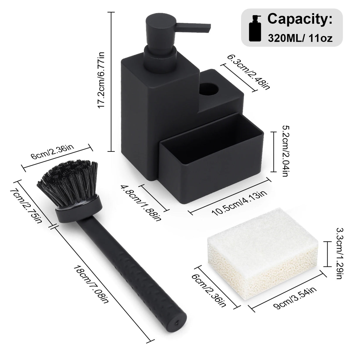 Black 3-in-1 kitchen soap dispenser featuring a pump, sponge holder, and brush for cleaning.