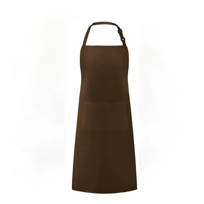 A dark brown water-resistant bib apron with straps and pockets shown against a white background.