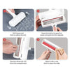 Instructions showing how to use a manual pet hair remover roller for cleaning pet hair.