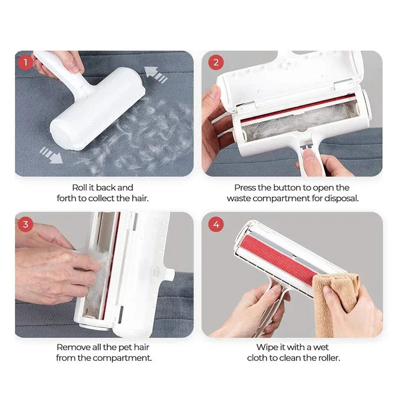 Instructions showing how to use a manual pet hair remover roller for cleaning pet hair.