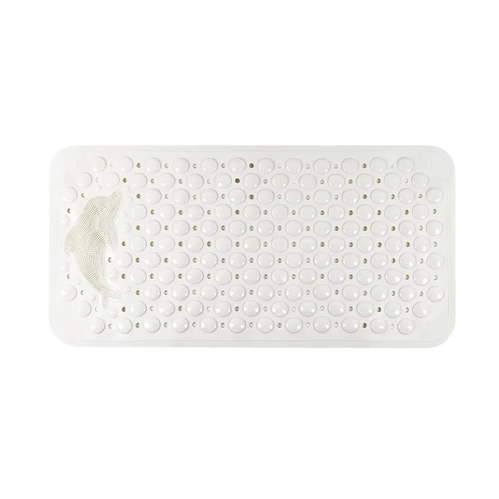 White rectangular non-slip bath mat with numerous small circular drainage holes.