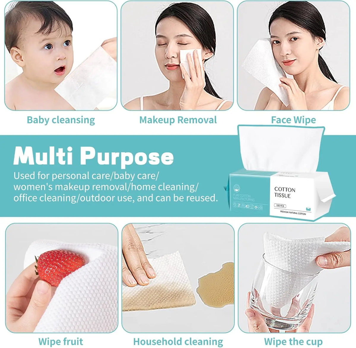 A set of multi-purpose disposable cotton facial wipes shown for baby cleansing, makeup removal, face wiping, and household cl