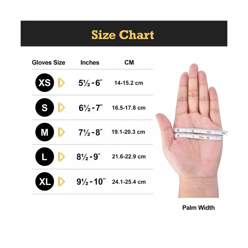 Size chart showing glove sizes XS to XL with corresponding inch and centimeter measurements for palm width.