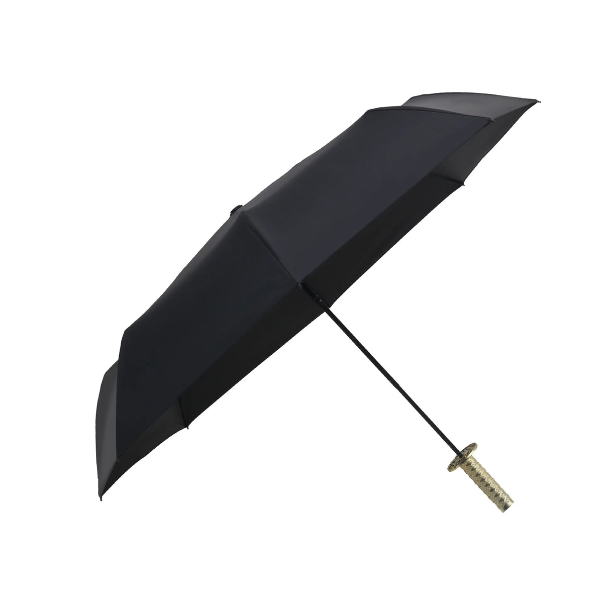 A black folding katana sword umbrella with a gold-colored handle and dark fabric canopy.