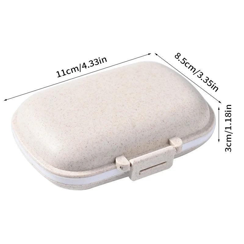 A beige portable pill organizer with an airtight seal, showing its dimensions.