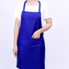 A person wearing a royal blue oil-proof cooking apron over a white shirt.
