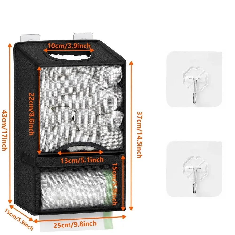 Black mesh shopping bag organizer with two compartments and wall mount features