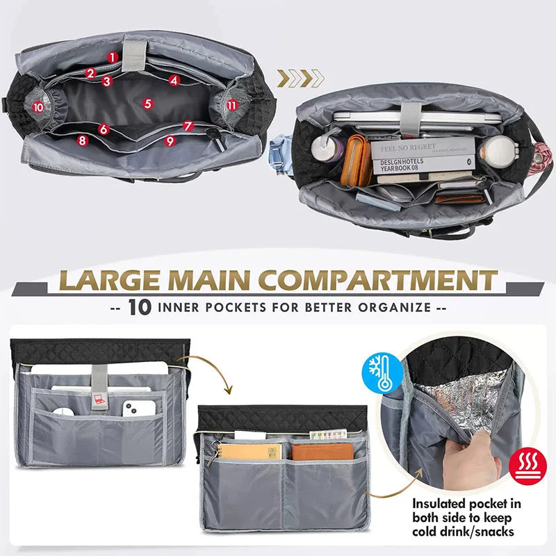 A quilted multi-pocket tote bag showing various interior compartments and pockets for organization.