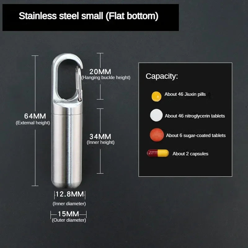Stainless steel small pill box with a hanging buckle, showing internal and external dimensions.