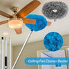 A set of extendable ceiling fan dusters, featuring a blue and gray fluffy brush, hanging from a ceiling fan.