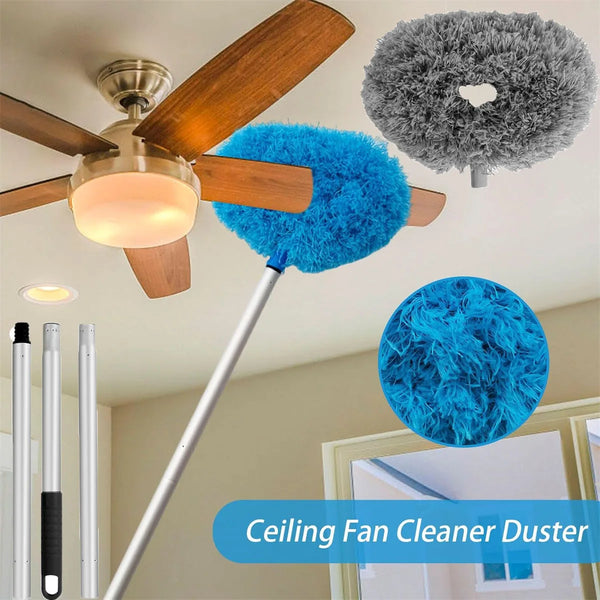 A set of extendable ceiling fan dusters, featuring a blue and gray fluffy brush, hanging from a ceiling fan.