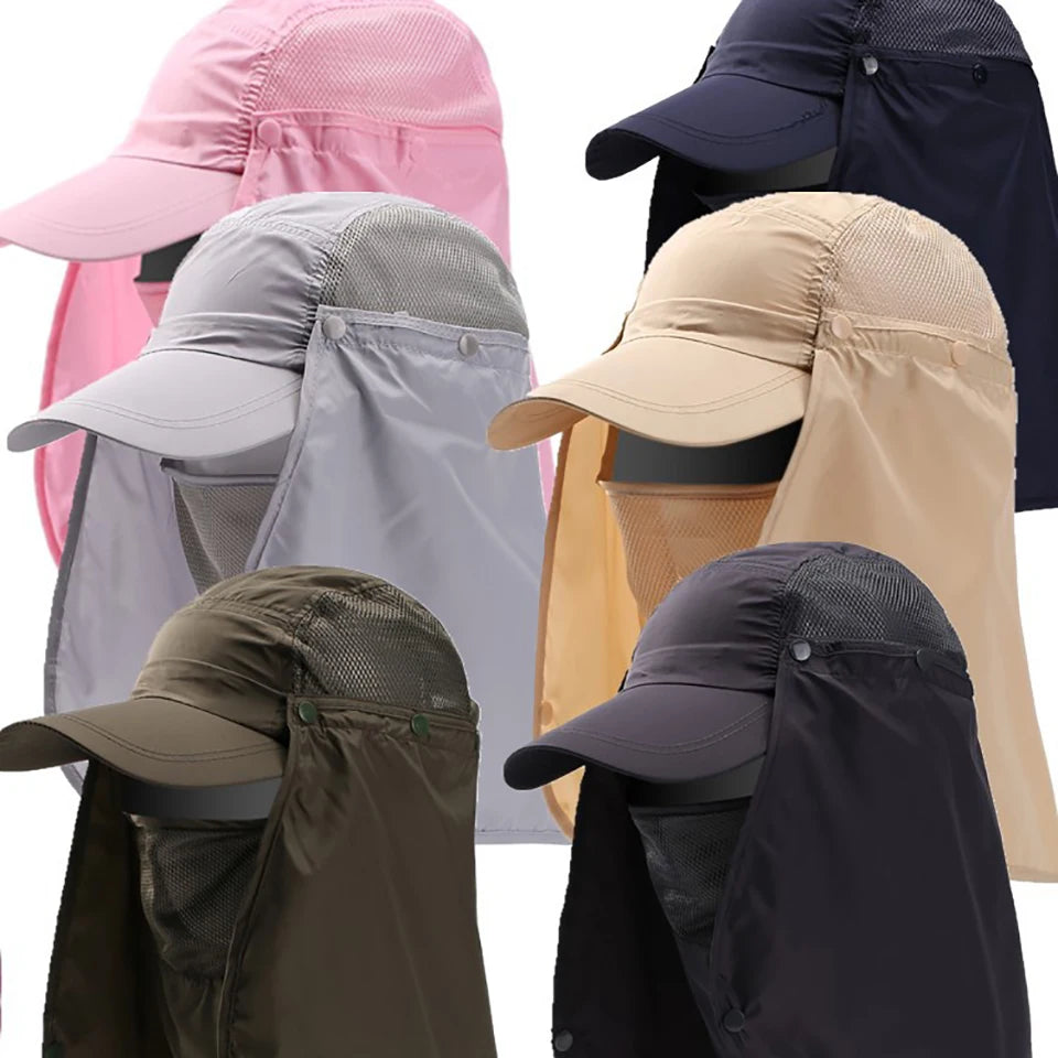 A collection of various colored UV protection fishing sun hats for men and women shown in different shades.