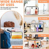 Bolsa organizadora transparente portátil para cosméticos con diversos artículos de maquillaje y tocador.