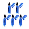 A pack of five blue portable refillable perfume spray bottles shown from the side.