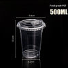 A clear food grade PET disposable coffee cup with a lid, shown in a vertical view.