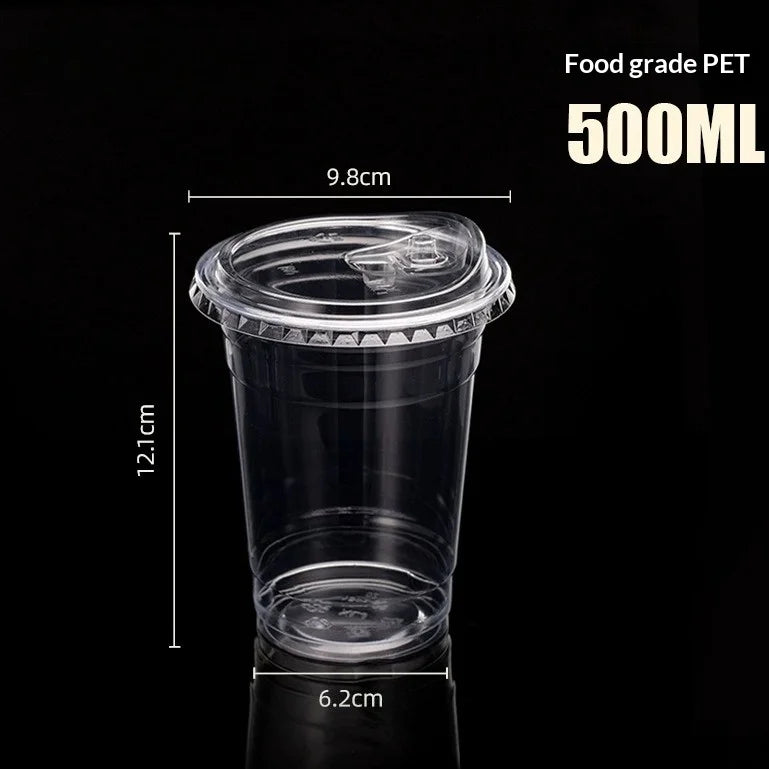 A clear food grade PET disposable coffee cup with a lid, shown in a vertical view.
