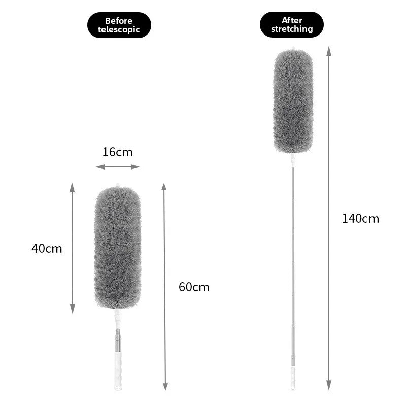 Comparison of an extendable microfiber duster before and after stretching, showing different lengths.