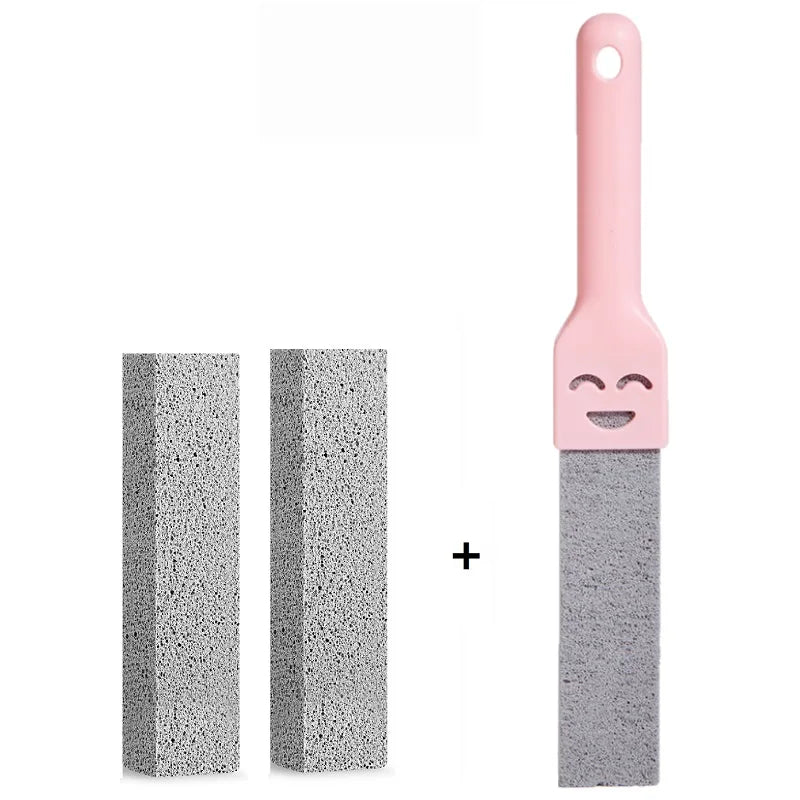 A pink natural pumice cleaning stick with a gray scouring pad attached.