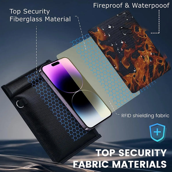 A black fabric phone case featuring a transparent shield and an orange fibrous material for anti-theft protection.