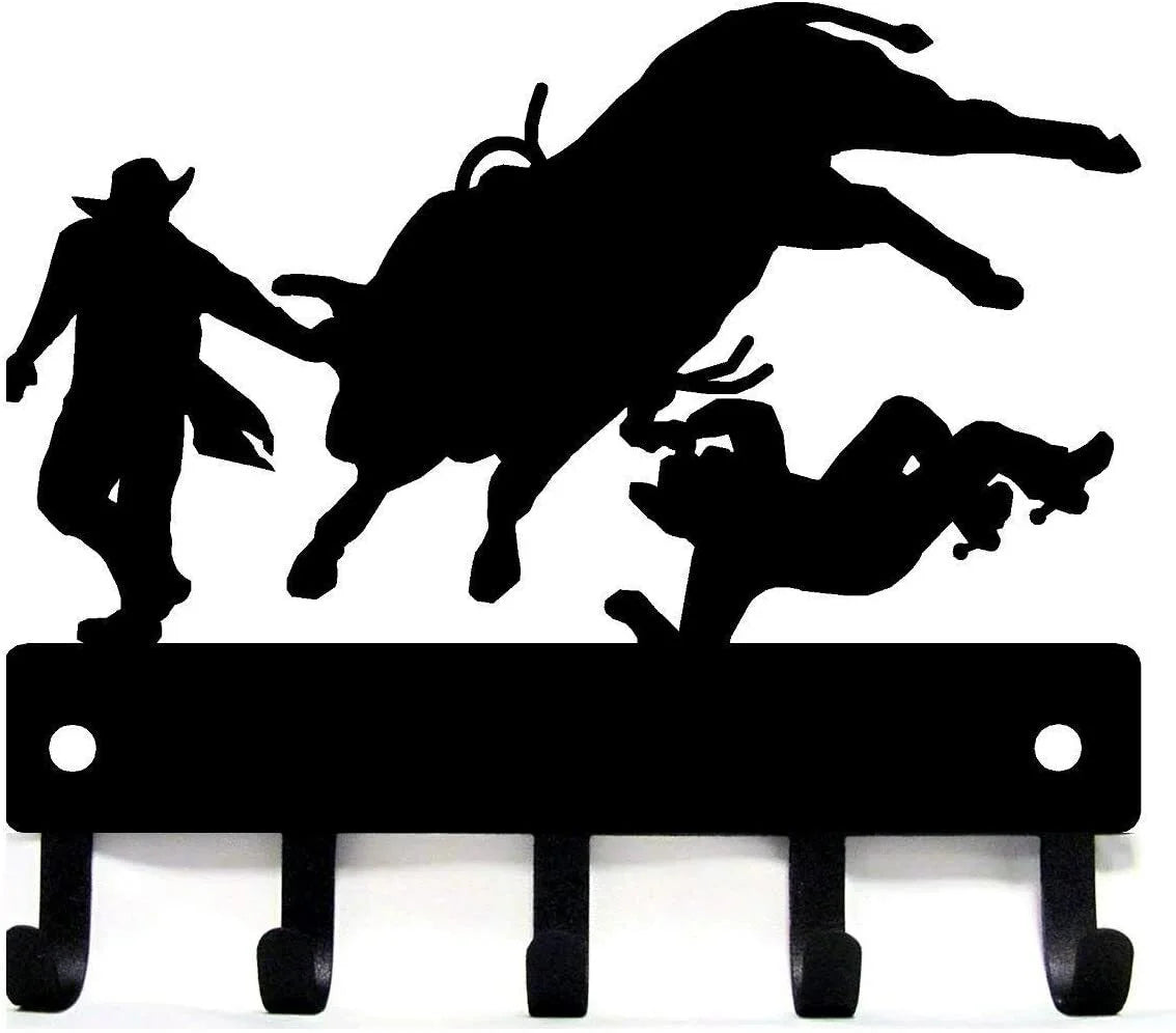 Black silhouette of a horse and rider on a decorative metal key holder rack with hooks