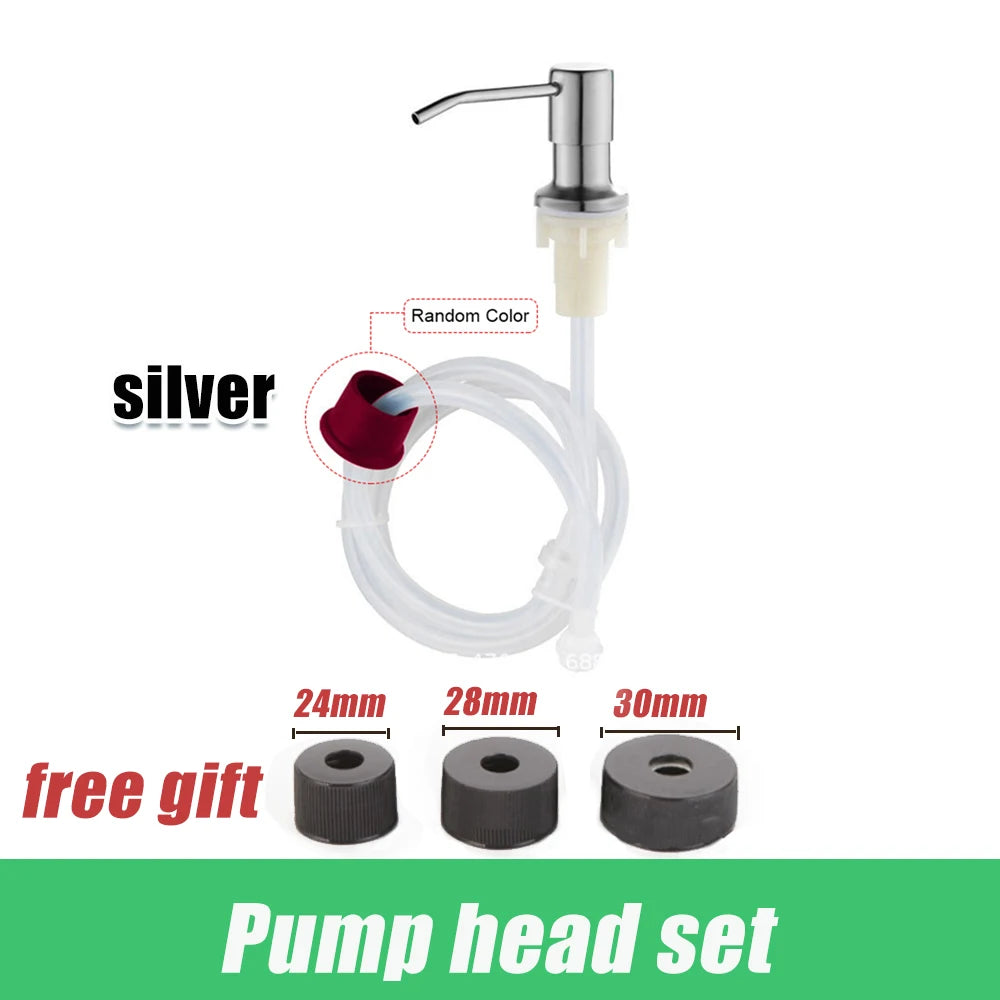A silver pump head set for an under-sink soap dispenser kit, showing the pump mechanism and various sized rubber parts.