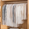 A display of white and sheer fabric dust covers for washable clothes hanging on wooden hangers.