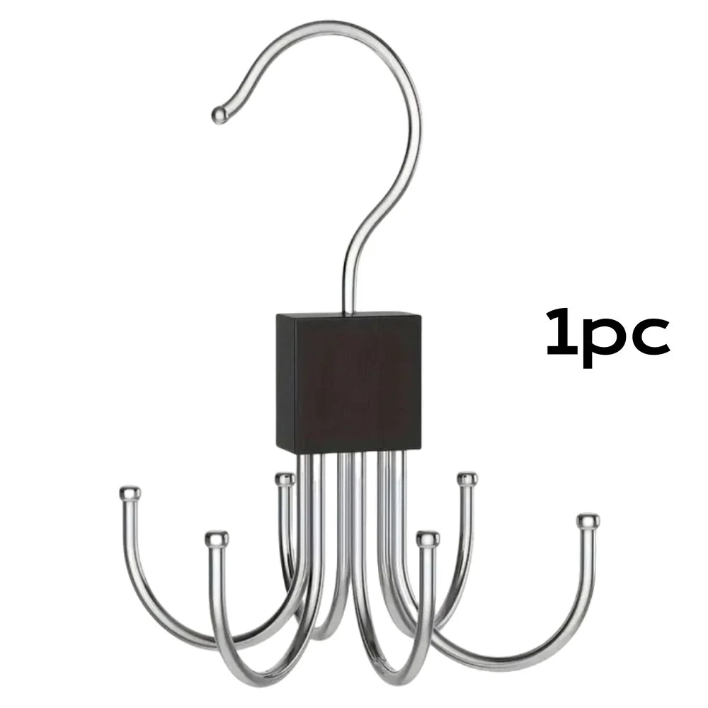 Silver rotating storage hanger hooks with a black mounting plate and multiple hanging arms