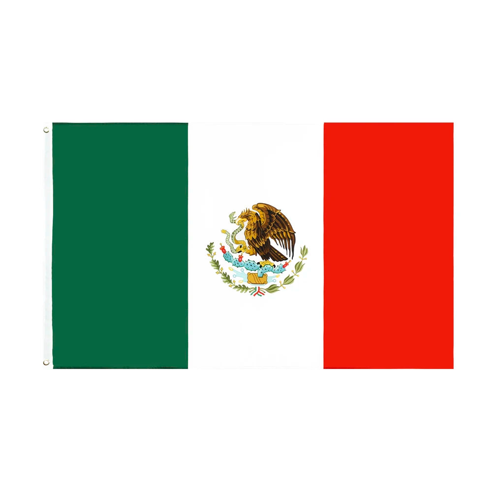 A vertical banner featuring a green field and a red field with an emblem of a golden eagle.