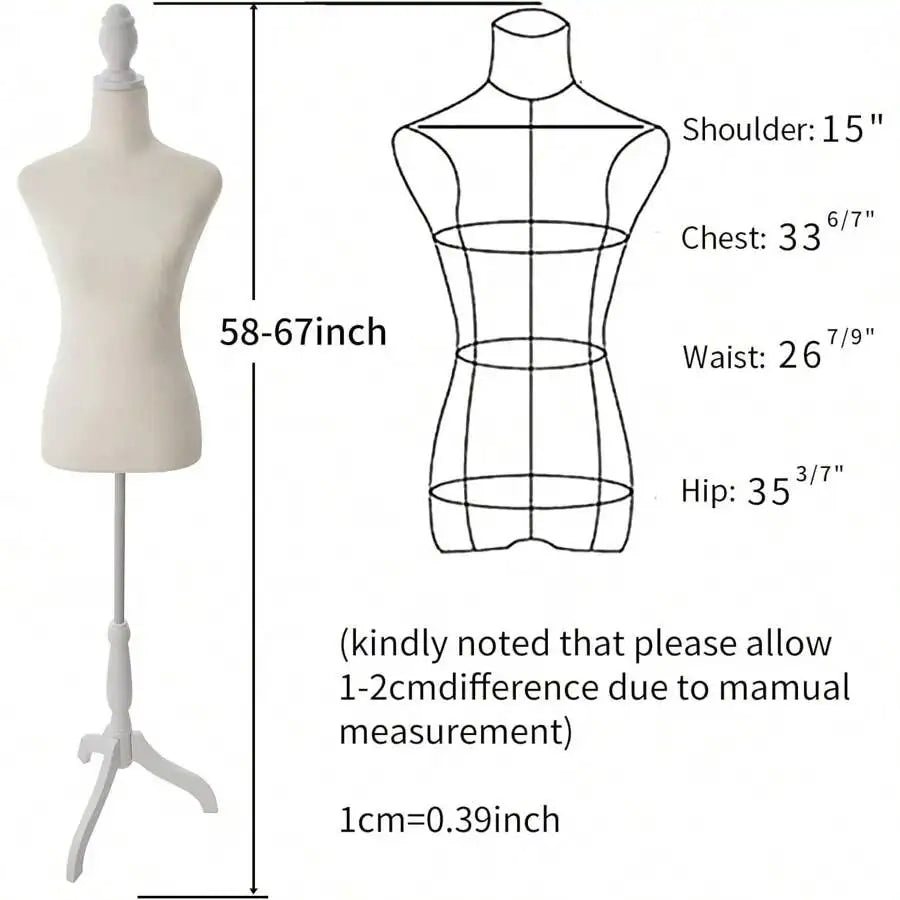 A white adjustable female dress form mannequin showing measurements for shoulder, chest, waist, and hip.