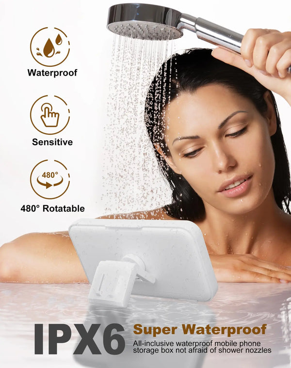 A woman is using an IPX6 waterproof mobile phone storage box mount for a shower phone.