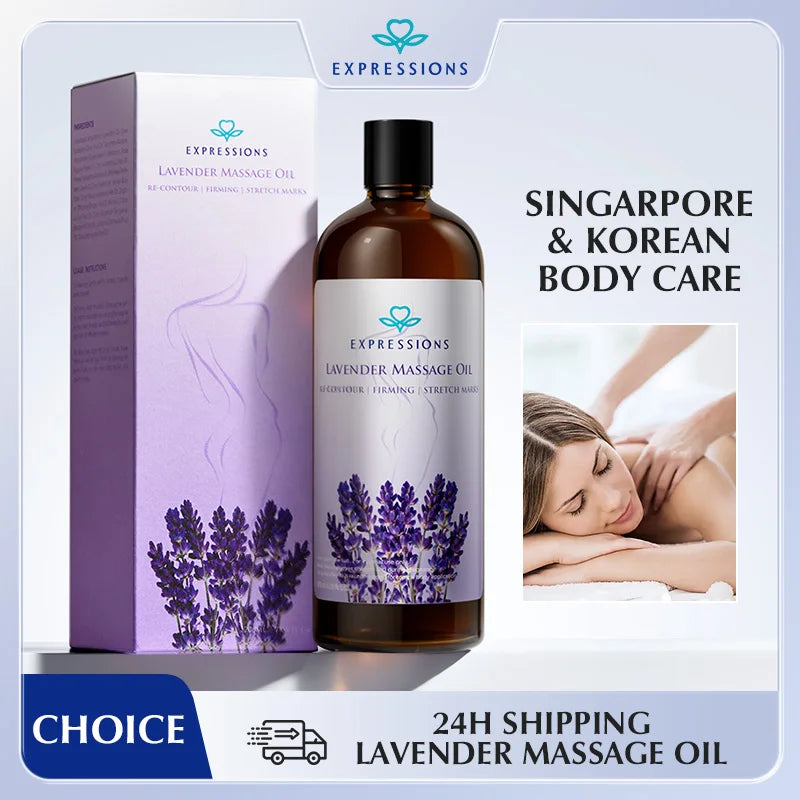 Flacon mit Lavendel-Massageöl neben der Box, mit Lavendelblüten und einer Frau beim Massageempfang.