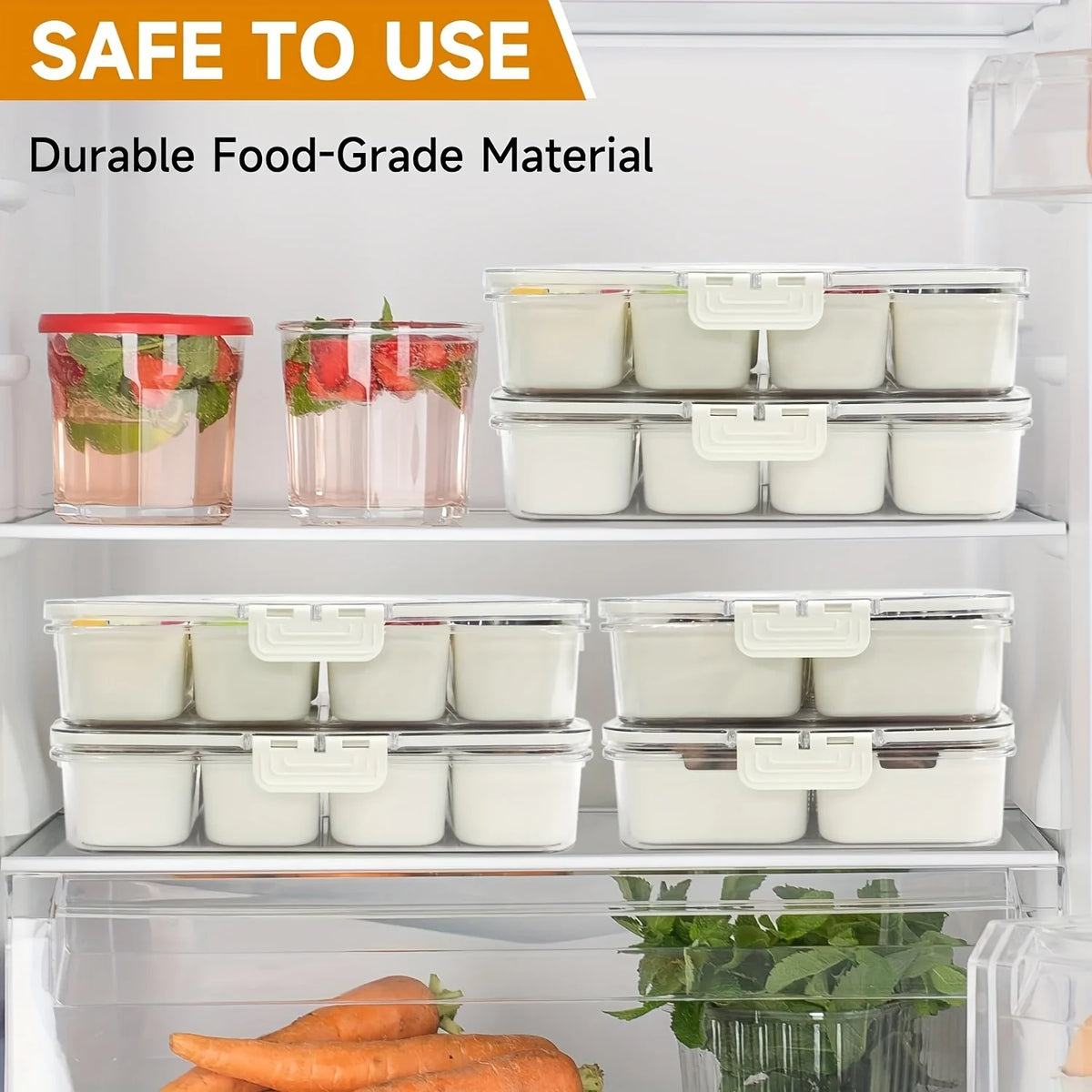 A clear plastic organizer tray with eight compartments holding white food items in a refrigerator