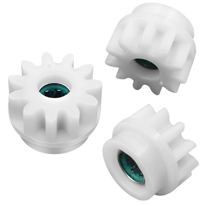 White replacement gears for rotating mops shown in multiple views