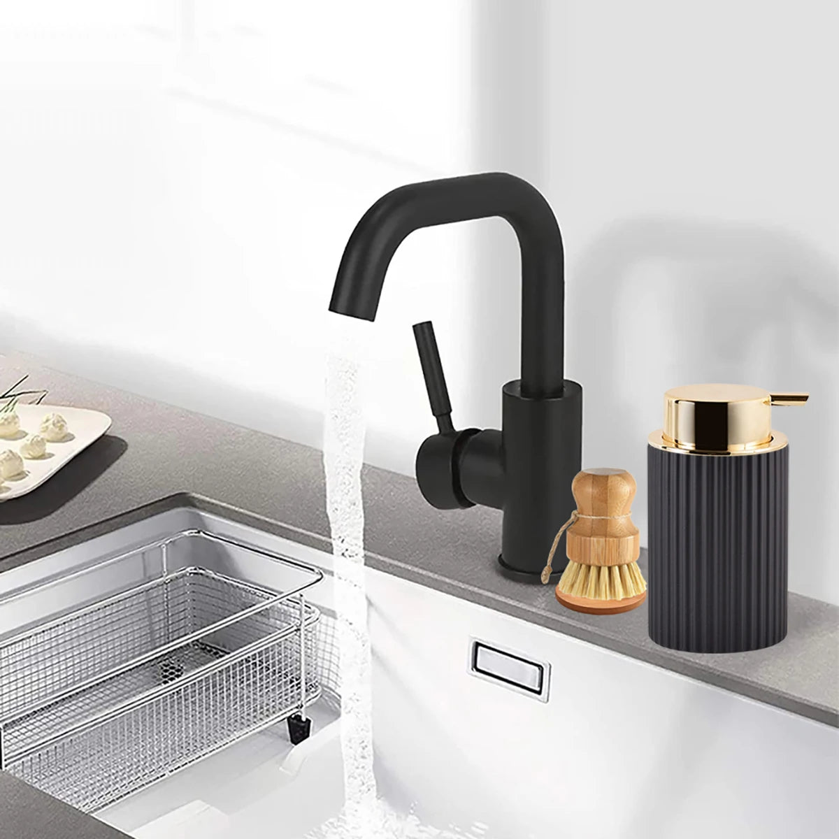 A black faucet dispenses foam into a stainless steel basket in a kitchen sink.