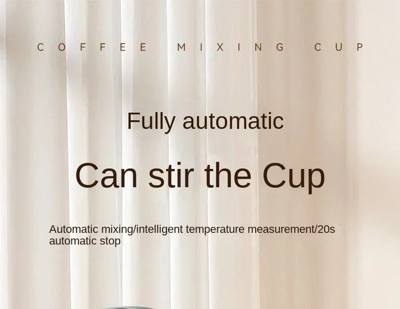 A close-up of a fully automatic electric stirring coffee cup with text describing its features.