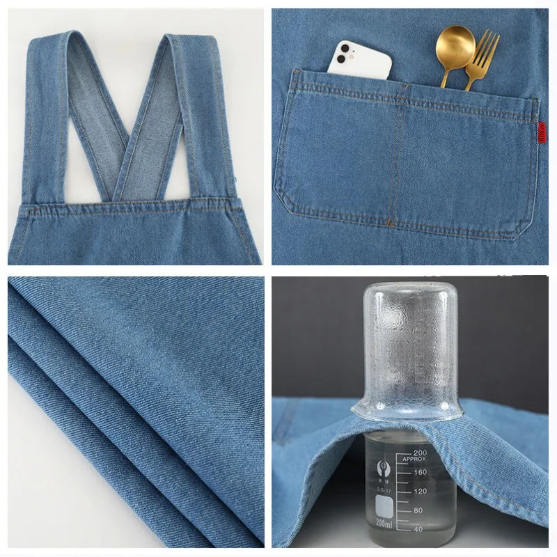 A blue denim apron is shown in various views, including a folded fabric and a pocket detail with silverware.
