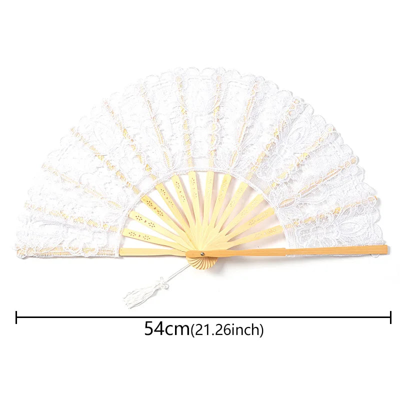 Elegant white lace folding hand fan with a wooden handle and gold accents