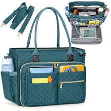 A teal quilted multi-pocket tote bag with a zipper and a separate organizer pouch is shown.