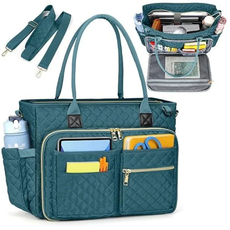 A teal quilted multi-pocket tote bag with a zipper and a separate organizer pouch is shown.
