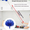 An elongated telescopic dust duster with a blue fluff head is shown cleaning high places in a kitchen cabinet.