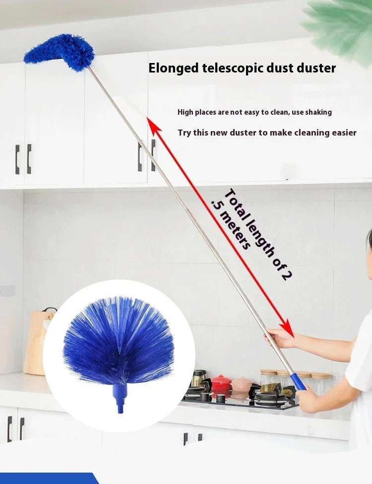 An elongated telescopic dust duster with a blue fluff head is shown cleaning high places in a kitchen cabinet.