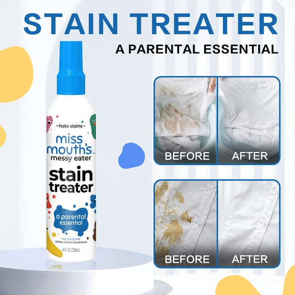 A bottle of stain treater spray with a blue cap and white label showing before and after fabric stain removal.