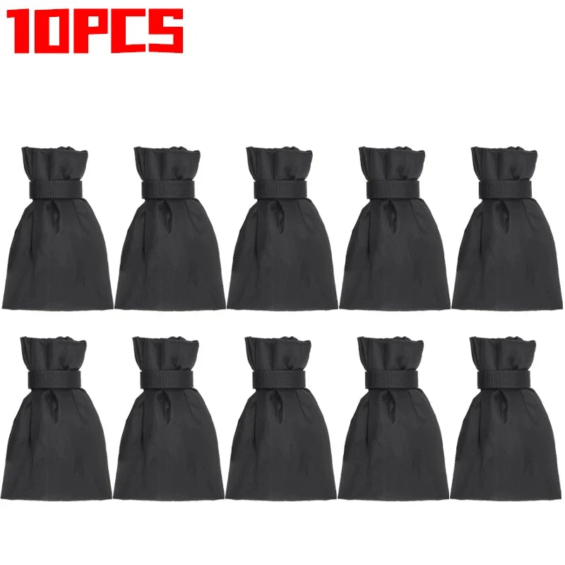 Ten black outdoor faucet covers designed for winter freeze protection, each tied with a ribbon.