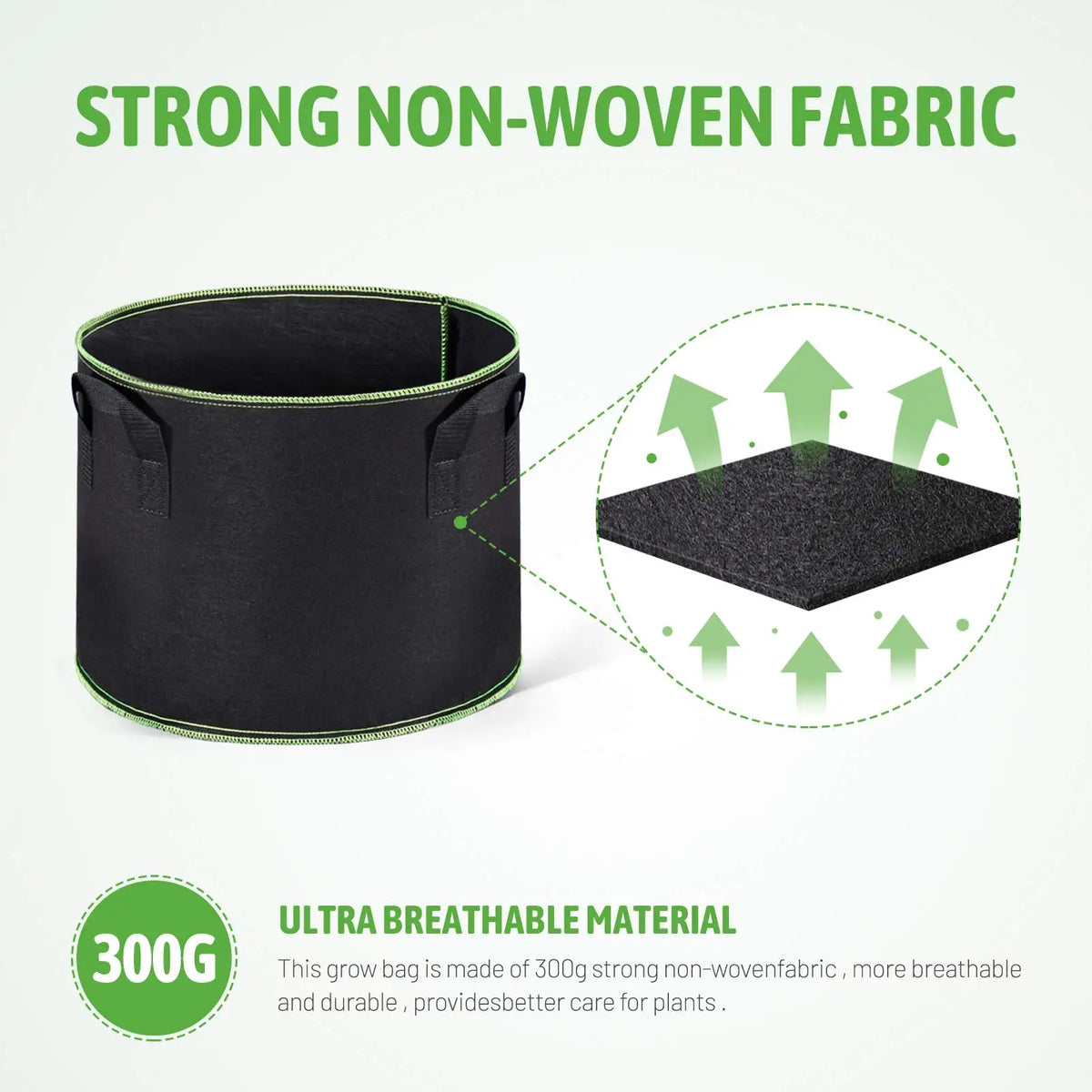 A black non-woven fabric grow bag is shown next to a flat piece of the same material, highlighting its strength and breathabi