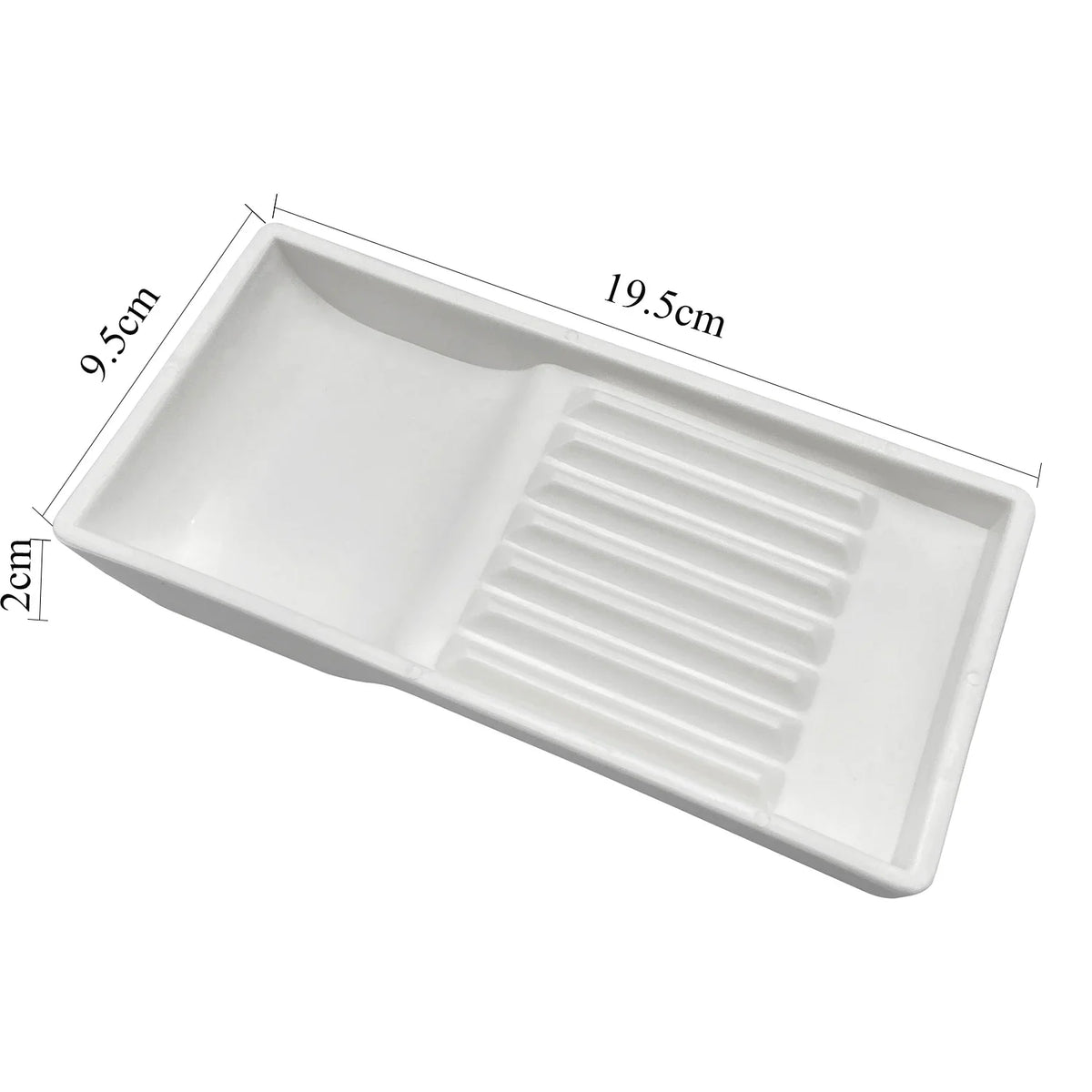 White dental autoclavable cabinet tray organizer with a slotted section and dimensions 9.5cm by 19.5cm