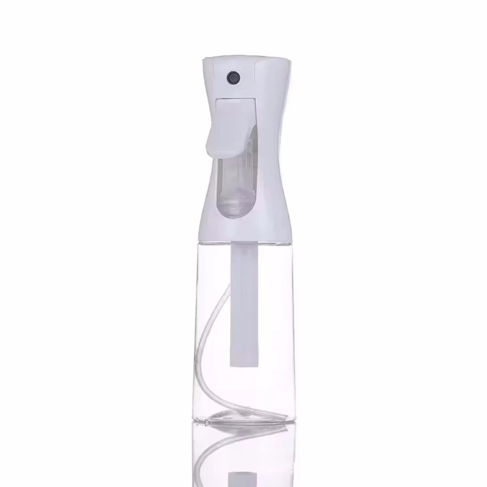 A clear, refillable 200ml continuous mist spray bottle with a white top and clear liquid inside.